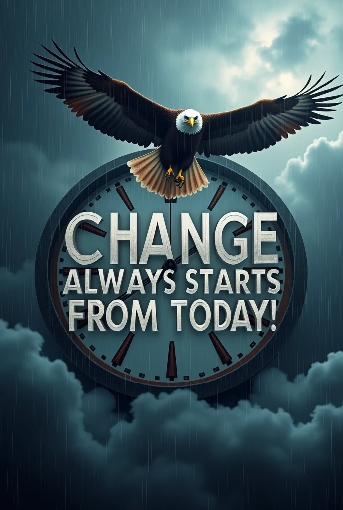  create a text image for wallpaper of the santance (CHANGE ALWAYS STARTS FROM TODAY) It should be eye catching. On the background a clock . An egle flying above the rainy clouds 