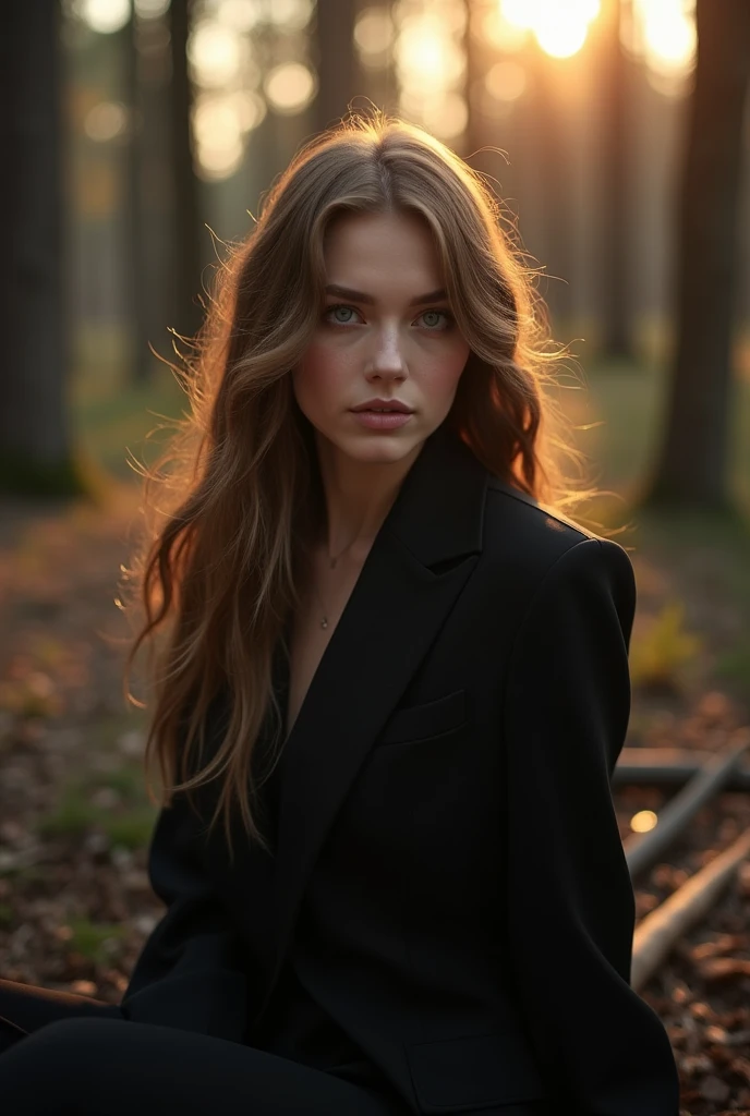 long light brown hair, beautiful Slavic woman with white skin and light transparent eyes, long hair, dressed in a black stylish suit, sits in a spruce forest on felled trees, early morning, the courtyard of a rural house, the sun's rays and glare fall on her coldly smiling face., enhancing the depth and mystery. Captured in a studio with a Nikon Z7 and a 50mm f/1.8 lens, the image focuses on the interplay of light and shadow with a melancholic and dreamy atmosphere., (((dynamic model pose))), full body, mesmerizing, dynamic, dramatic, dynamic pose, highly detailed skin with hair, subcutaneous veins, light and shadow play, highly detailed,24mm photograph, bokeh, professional, 4k,