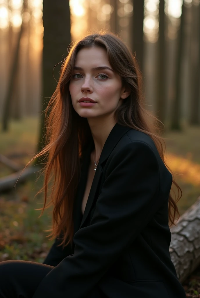 long light brown hair, beautiful Slavic woman with white skin and light transparent eyes, long hair, dressed in a black stylish suit, sits in a spruce forest on felled trees, early morning, the courtyard of a rural house, the sun's rays and glare fall on her coldly smiling face., enhancing the depth and mystery. Captured in a studio with a Nikon Z7 and a 50mm f/1.8 lens, the image focuses on the interplay of light and shadow with a melancholic and dreamy atmosphere., (((dynamic model pose))), full body, mesmerizing, dynamic, dramatic, dynamic pose, highly detailed skin with hair, subcutaneous veins, light and shadow play, highly detailed,24mm photograph, bokeh, professional, 4k,