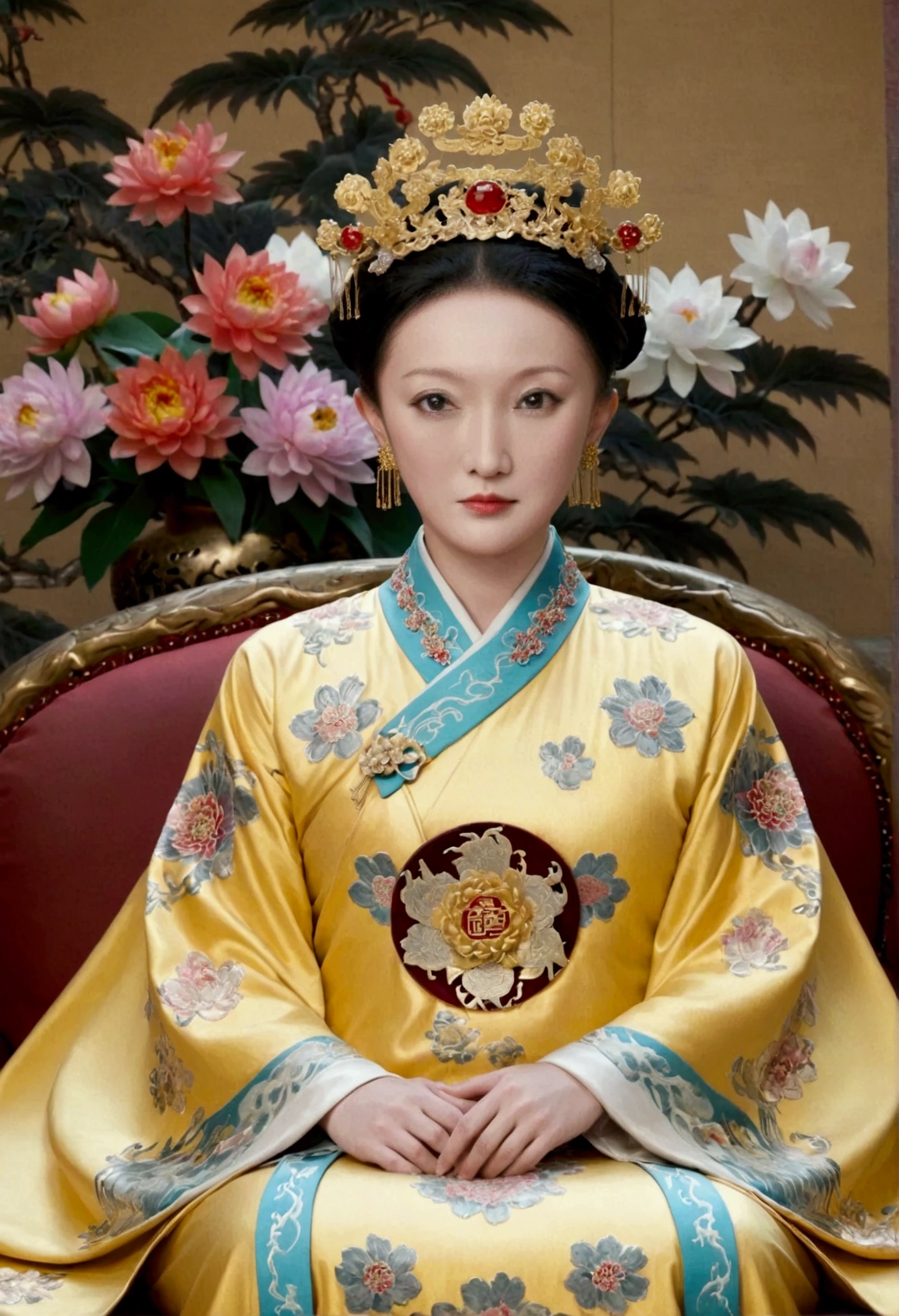 From the pre-Qing period, The Empress sits naked on a large golden sofa in the palace, Her legs were spread, At the Chinese court during the Qing Dynasty, Empress of the Qing Dynasty, Wearing the great crown of the Chinese Empress, Belly and thighs visible from below.。She is completely naked, Showing off gorgeous large flowers and hairpins, She tied her hair up and pulled it up, 背景はEmpress of the Qing Dynastyの豪華な宮殿.