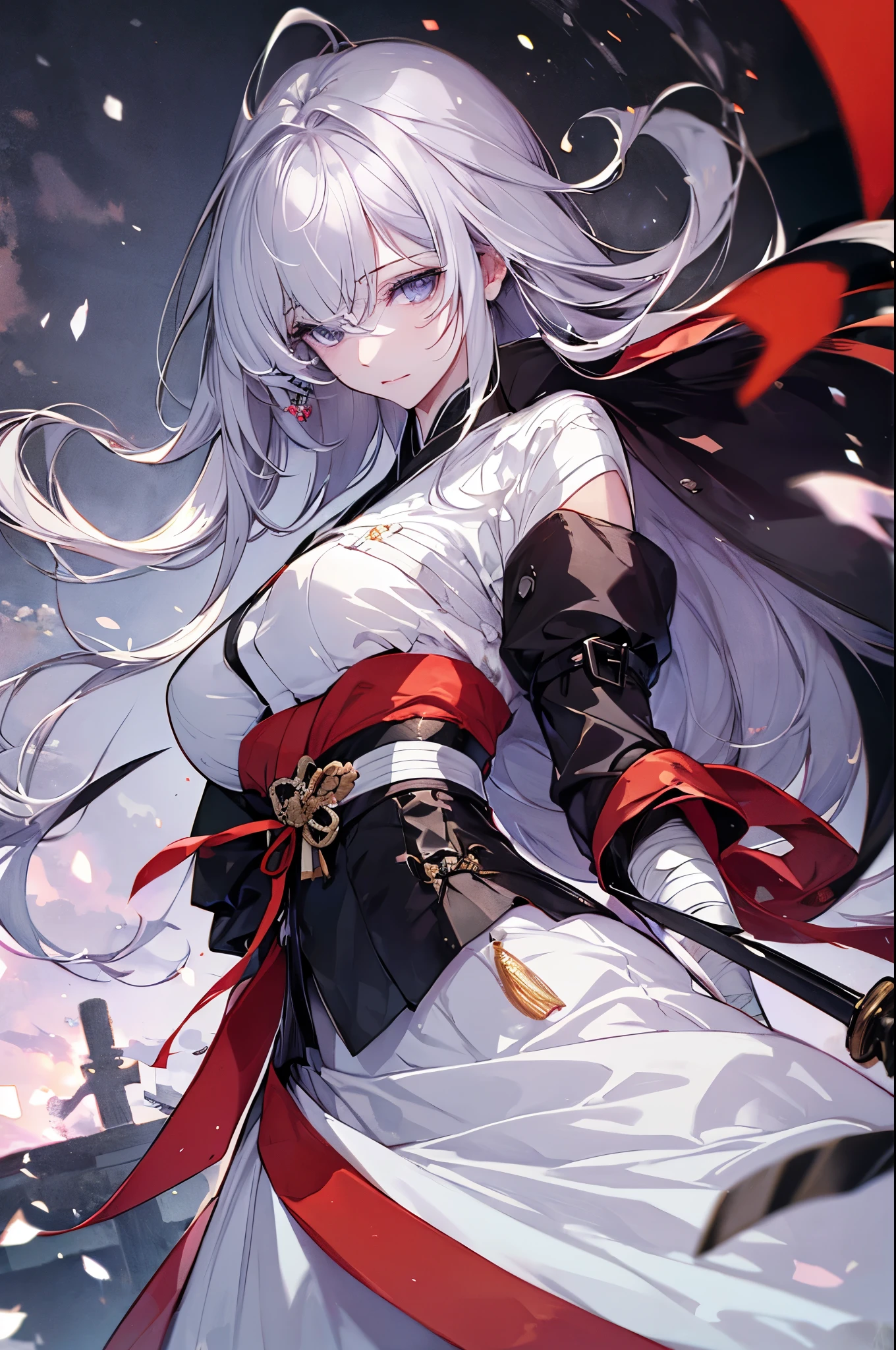（Highest quality、High resolution、8k、mysterious、masterpiece：1.2）。Yoshitaka Amano-style depiction。Yamada Asaeemon。she、The role of testing swords in the Edo period。Dark circles under the eyes。A crisscross pattern on the back to roll up the sleeves。First to behead、assassination、Executioner。A long Japanese sword on his waist。The gleam in his eyes is gone、Hollow。ただし誰が見てもshe剣の達人で、There is a sense of determination that leaves no room for doubt。White hair from stress、Unkempt hair and quite large。She is certainly attractive as a woman。Bandages wrapped around wrists and ankles、Samurai clothing。Samurai。