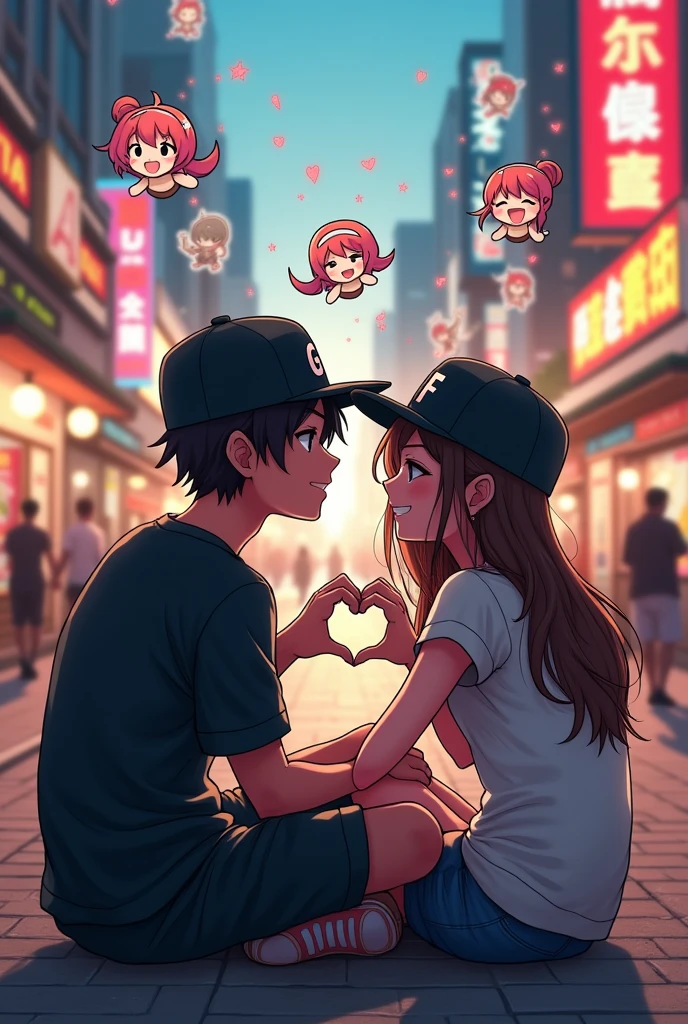 High quality photographs, with the initials on his black cap G for man and F for woman, as a couple in love, with anime cartoons The couple is sitting in the city and they are forming a heart with their hands