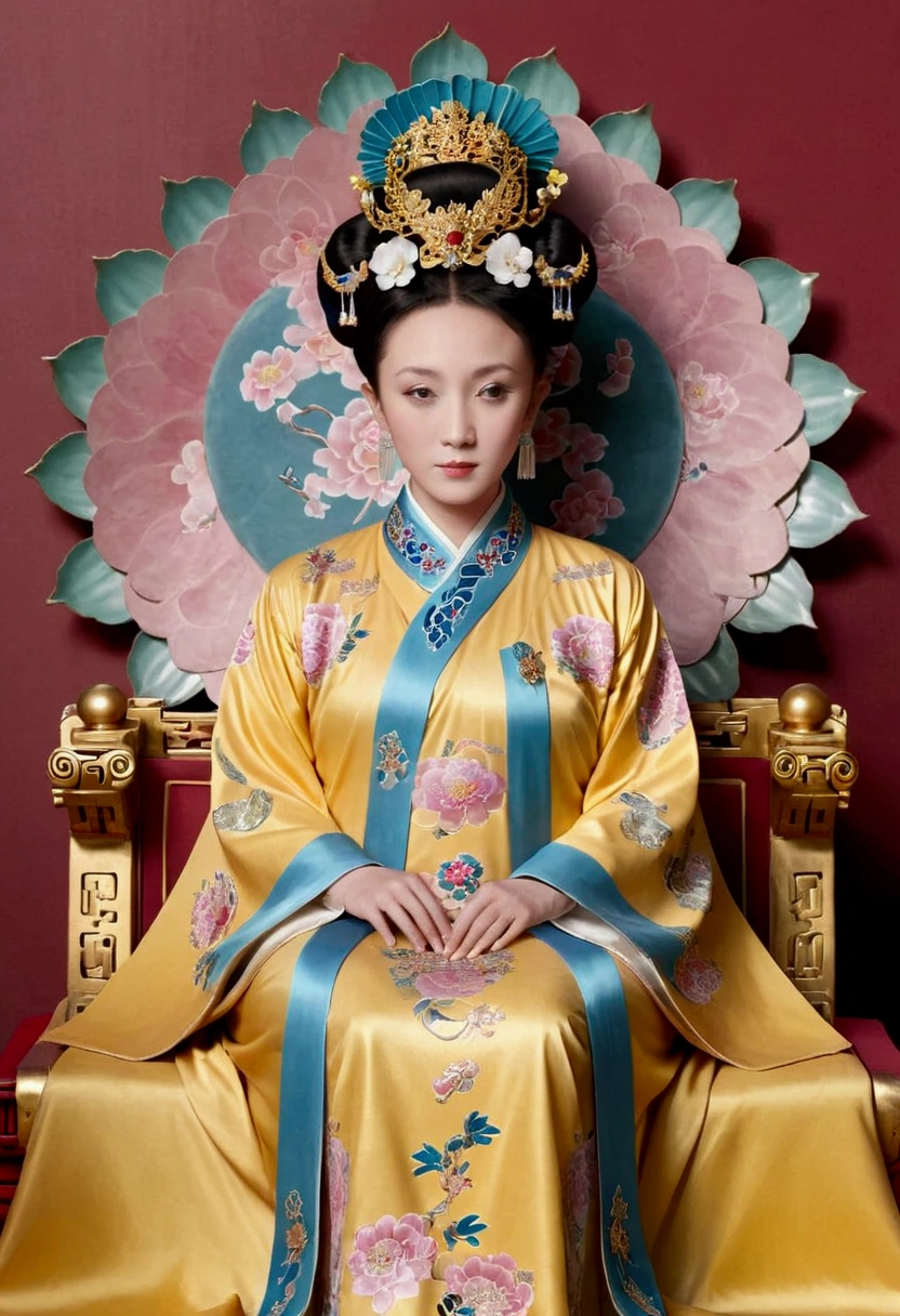 From the pre-Qing period, The Empress sits naked on a large golden sofa in the palace, Her legs were spread, At the Chinese court during the Qing Dynasty, Empress of the Qing Dynasty, Wearing the great crown of the Chinese Empress, Belly and thighs visible from below.。She is completely naked, Showing off gorgeous large flowers and hairpins, She tied her hair up and pulled it up, 背景はEmpress of the Qing Dynastyの豪華な宮殿.