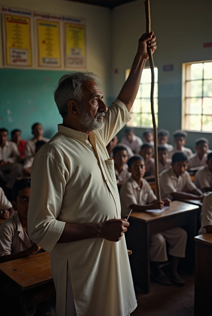 A 60 aged old Indian school teacher is beating A 12 years aged Indian boy with stick infront of 30 students