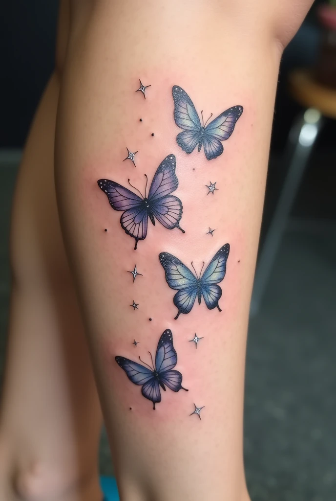 Create a tattoo template for the calf. There should be 3 butterflies, which look fairy-like. Leave some space between them and add little stars. It shouldn’t be too crowded. The butterflies should have a light shade. The tattoo template should be portrait. The first butterfly flies slightly turned to the left. The one above it flies slightly to the right and the one on top flies slightly to the left again. The butterflies do not fly directly under each other but staggered 