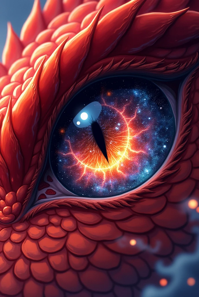 a close up anime comic picture of a red dragon eye, you see the night sky and endless stars, nebula, in the irises, some smoke and fire from the dragon