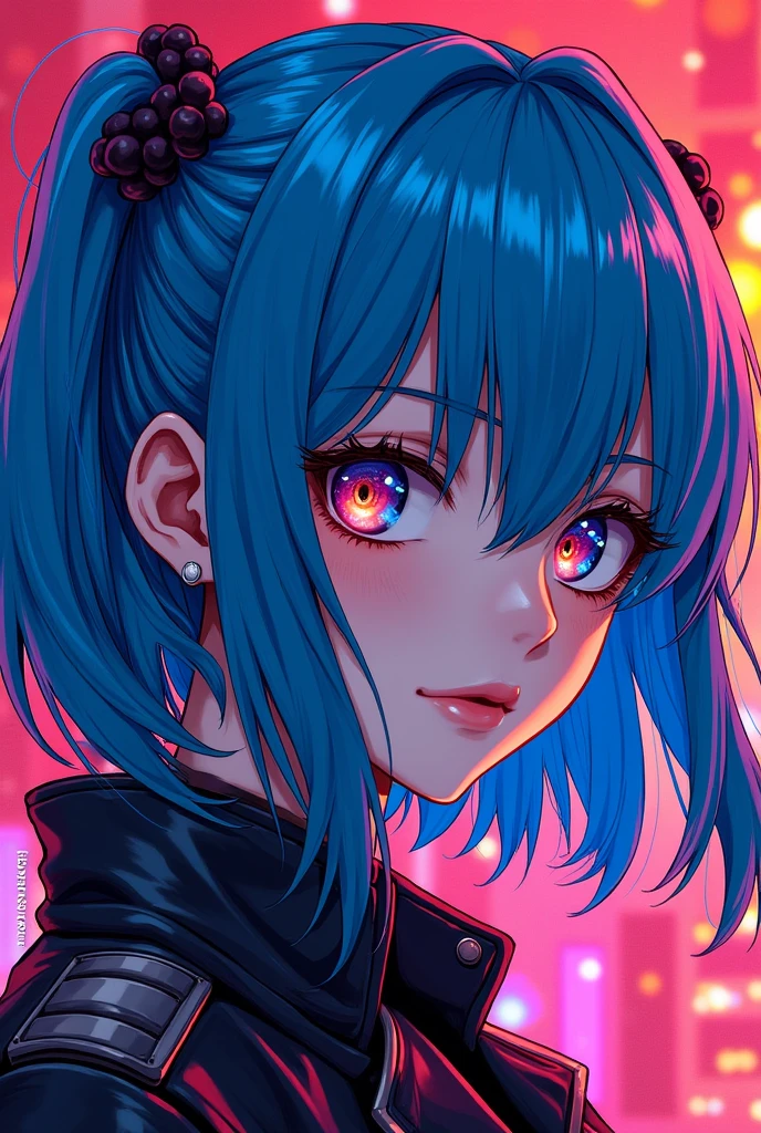 (masterpiece,detailed,High resolution:1.4) , Model shoot, close, detailed face, fine detailed eyes,, (kirishima touka),Blue middle hair,ghoul eyes,Retro Jacket,Tokyo Ghoul,Retrofuturism background, Vibrant colors, High resolution,, ,