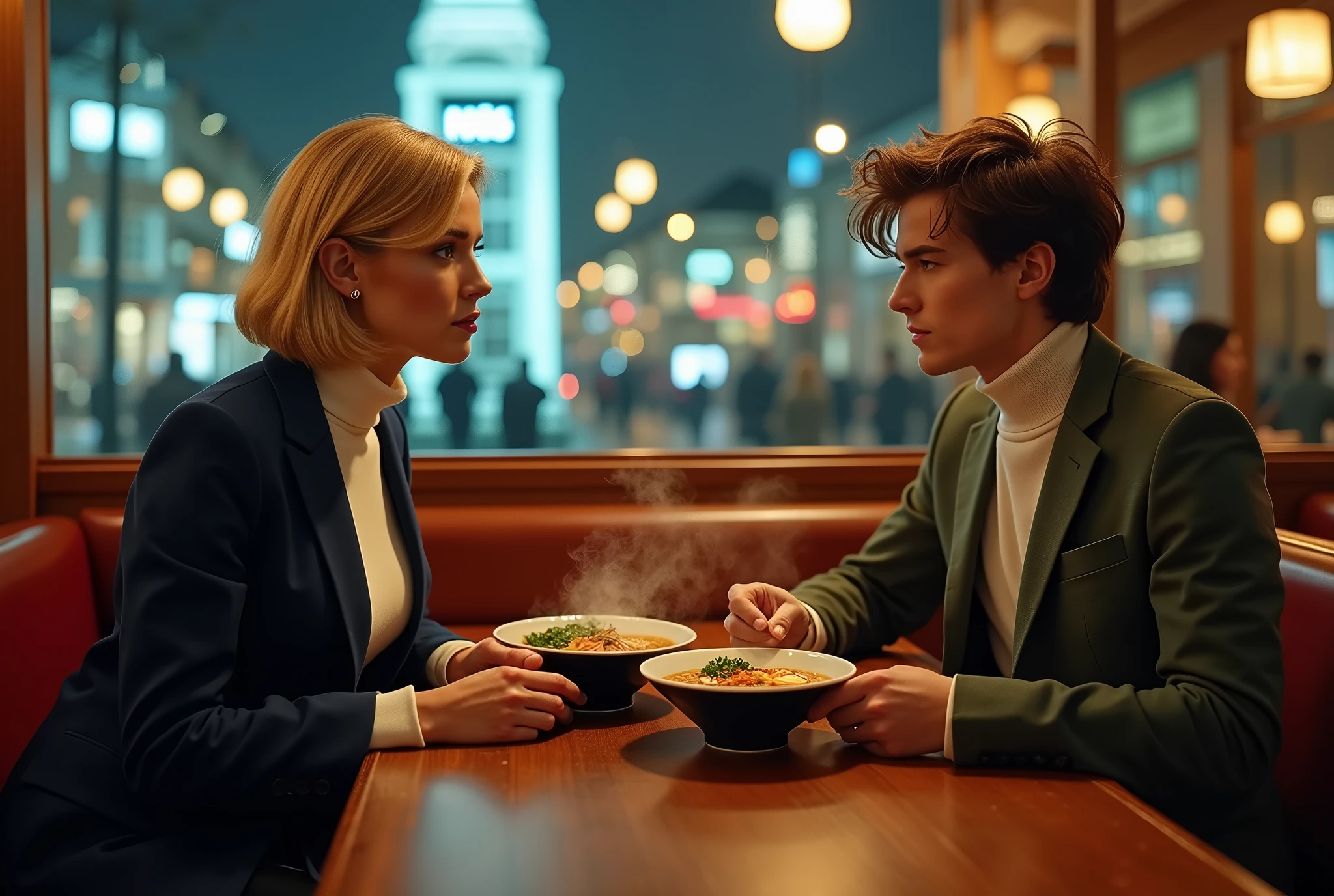 New 007 and Bond boy eating ramen at a Japanese restaurant , ((1 woman and 1 boy is existence) ), (1 Scottish woman , 30 age ,gold hair, short cut, wearing  Navy Blue blazer jacket, white turtleneck sweater,  Navy Blue pants, brown shoes ),(1 Scottish man ,more adult, 18 age, brown hair, short cut, green brazer, brown pants, brown shoes ), front MI 6 building in London , ((super detail, high details, high quality, accurate, anatomically correct, textured skin, beautiful fingers super detail, high details, high quality, best quality))