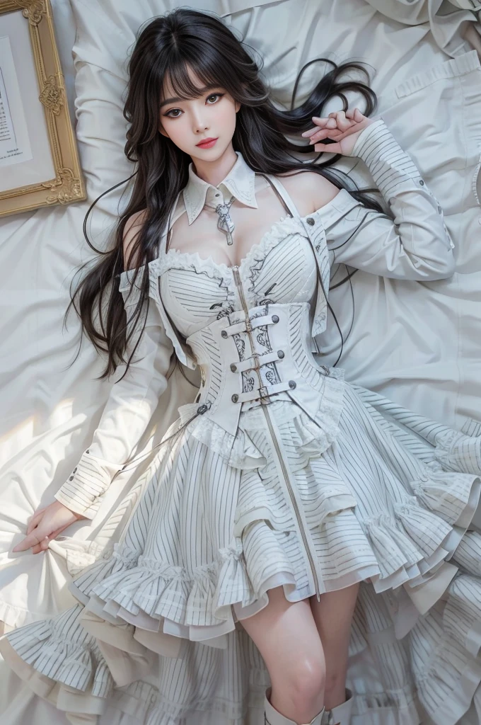 cooldress((Girl lying in bed))、A beautiful and moving woman, in an elegant pose, her full breasts on display.,Visible cleavage,Sexy long legs,Variety of slim and cute beauties, Her long hair cascades down her shoulders like a waterfall。She smiles radiantly,Eyes sparkle,Her skin is flawless。Her curves are highlighted。Sparkle in the light,The colors are soft,She lay confidently,One hand on hip,Her posture is both graceful and strong。She wears elegant high heels,Goes well with her outfit。In the warm golden sun。The overall atmosphere of the image is tranquil and uplifting,Emphasizing natural beauty and elegance, Studio Lighting,Bright colors, Sweet maiden, sweet smile, make up,shy,Blush,Parted lips,Heavy breathing,moan,Surrealism,Realism,Movie Lighting,Relief,Sony FE GM,Retina,masterpiece,precise,Anatomically correct,Textured Skin,Super Detail,High Detail,best quality,rich and colorful