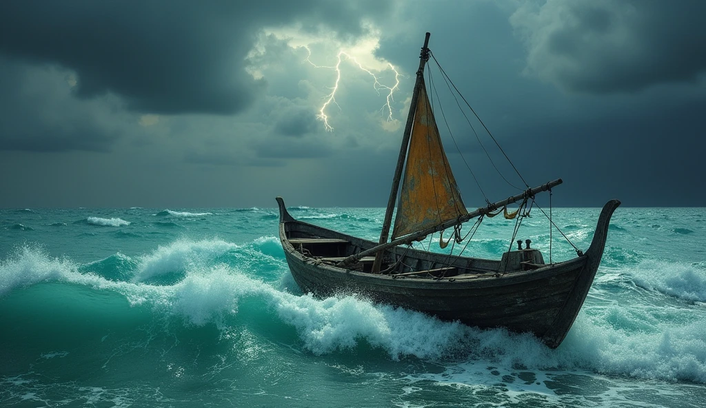 A small, rickety wooden boat bobbing on choppy waters as dark clouds loom ominously on the horizon."**