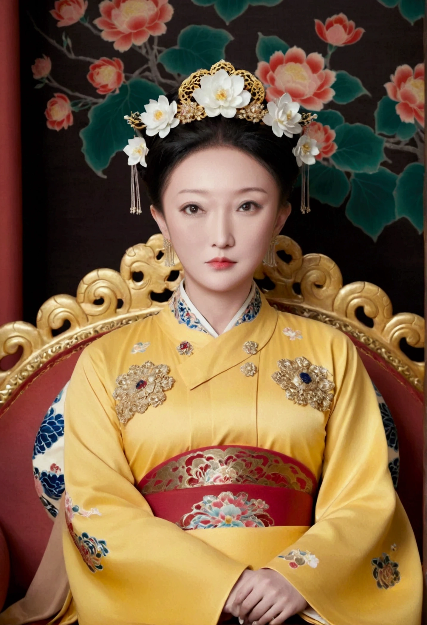 From the pre-Qing period, The Empress sits naked on a large golden sofa in the palace,  Her legs were spread, At the Chinese court during the Qing Dynasty, Empress of the Qing Dynasty, Wearing the great crown of the Chinese Empress, Belly and thighs visible from below.。She is completely naked, Showing off gorgeous large flowers and hairpins, She tied her hair up and pulled it up, 背景はEmpress of the Qing Dynastyの豪華な宮殿.