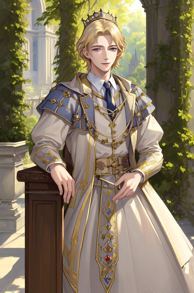 (Masterpiece, High resolution, Super detailed), 1 male, Young, juvenile,good looking, Blonde, Detailed eyes and face, medieval europe royal palace, garden, noble, noble的な, Light,elegant, Neat, elegant, scenery, smile