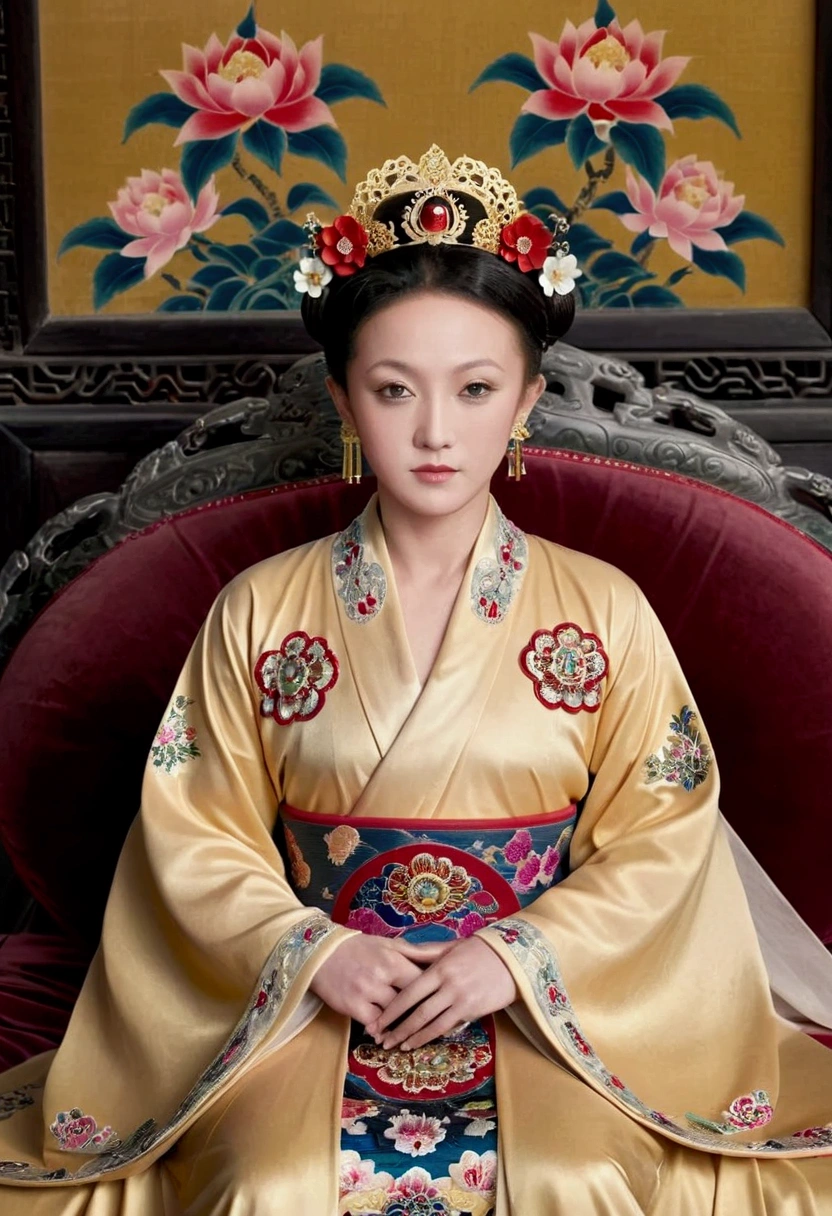 From the pre-Qing period, The Empress sits naked on a large golden sofa in the palace, Her legs were spread, At the Chinese court during the Qing Dynasty, Empress of the Qing Dynasty, Wearing the great crown of the Chinese Empress, Belly and thighs visible from below.。She is completely naked, Showing off gorgeous large flowers and hairpins, She tied her hair up and pulled it up, 背景はEmpress of the Qing Dynastyの豪華な宮殿.
