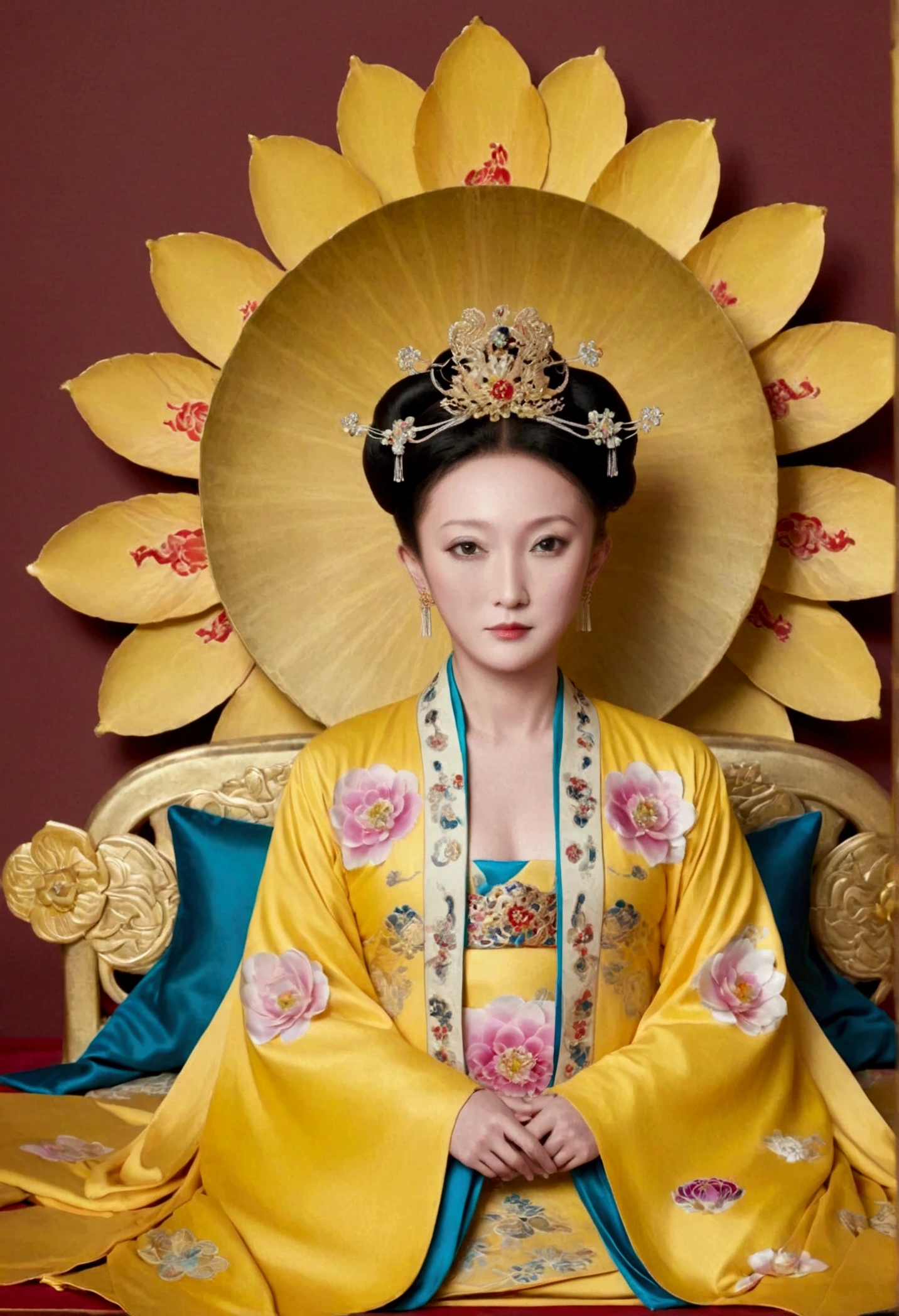 From the pre-Qing period, The Empress sits naked on a large golden sofa in the palace, Her legs were spread, At the Chinese court during the Qing Dynasty, Empress of the Qing Dynasty, Wearing the great crown of the Chinese Empress, Belly and thighs visible from below.。She is completely naked, Showing off gorgeous large flowers and hairpins, She tied her hair up and pulled it up, 背景はEmpress of the Qing Dynastyの豪華な宮殿.