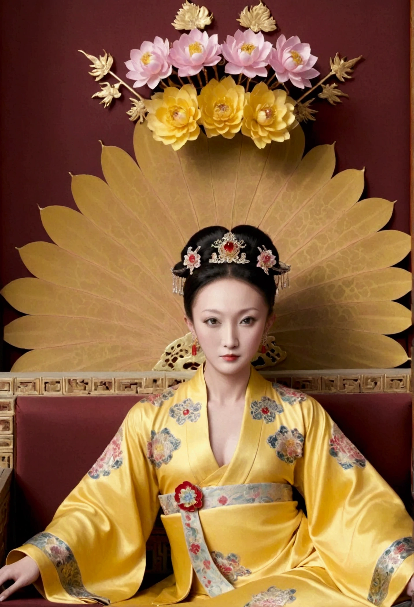 From the pre-Qing period, The Empress sits naked on a large golden sofa in the palace, Her legs were spread, At the Chinese court during the Qing Dynasty, Empress of the Qing Dynasty, Wearing the great crown of the Chinese Empress, Belly and thighs visible from below.。She is completely naked, Showing off gorgeous large flowers and hairpins, She tied her hair up and pulled it up, 背景はEmpress of the Qing Dynastyの豪華な宮殿.