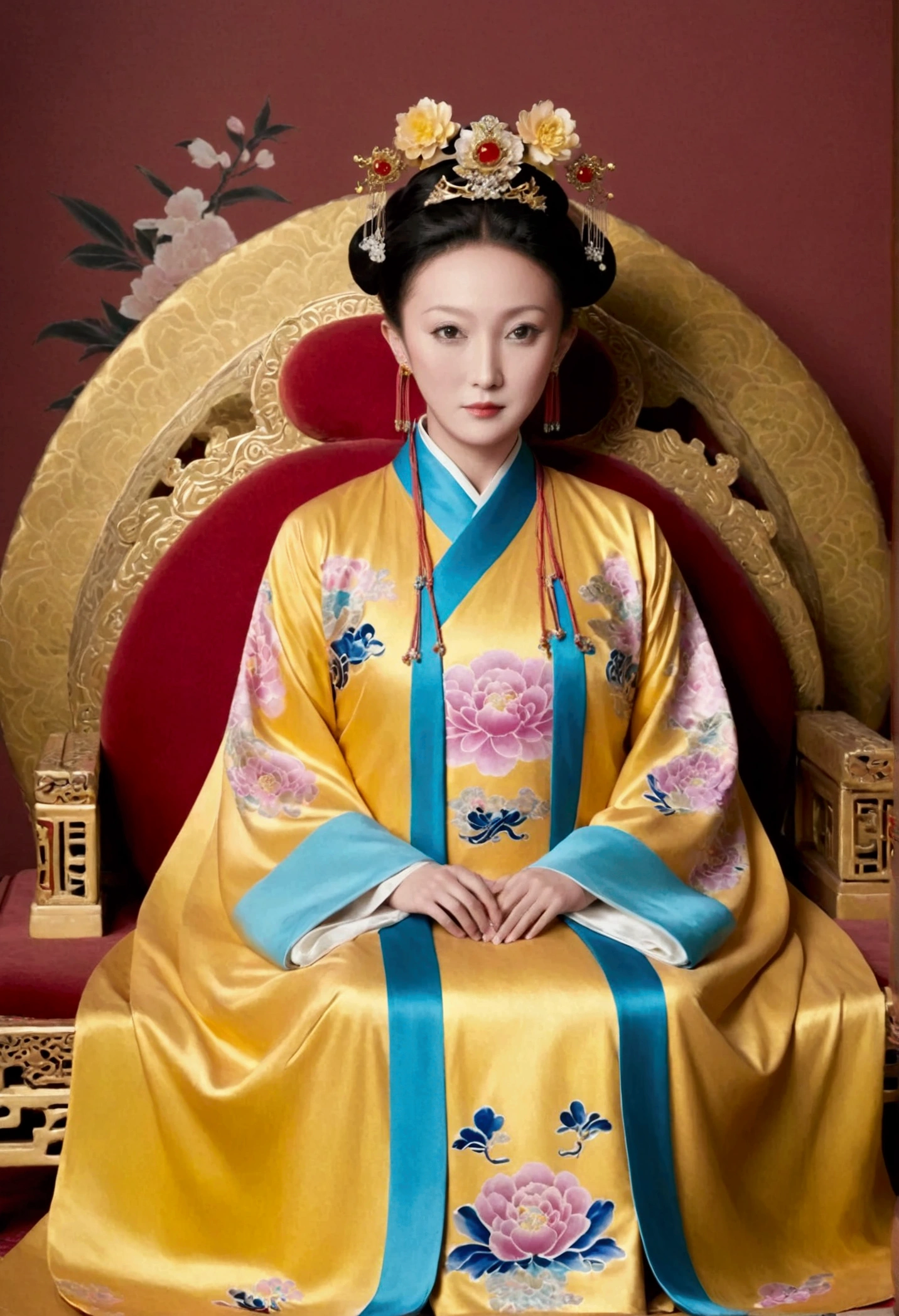 From the pre-Qing period, The Empress sits naked on a large golden sofa in the palace,  Her legs were spread, At the Chinese court during the Qing Dynasty, Empress of the Qing Dynasty, Wearing the great crown of the Chinese Empress, Belly and thighs visible from below.。She is completely naked, Showing off gorgeous large flowers and hairpins, She tied her hair up and pulled it up, 背景はEmpress of the Qing Dynastyの豪華な宮殿.