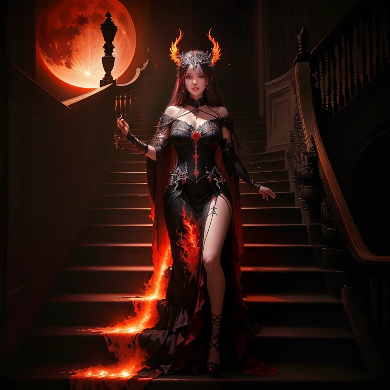 woman.in the burning.fiery.in a transparent dress stands on the stairs in the dark against the backdrop of the full moon, fantasy dark art, coming out of the flames, Ghost of the Spirit of Fire, appears as the goddess of fire, The Burning of Witches, During the Blood Moon, dark fantasy искусство, Stairway from Hell to Heaven, dress of fire, Red Moon, dark fantasy, Digital art, in style of dark fantasy искусство