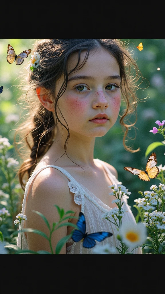 High Detail, Ultra Detail, 8K, Ultra High Resolution A cute and innocent girl, toddlerenjoying her time in the open field, surrounded by the beauty of nature, warm sun sprinkling on her, wildflowers gently swaying in the breeze. Butterflies and birds flutter around her, adding to the playful atmosphere,