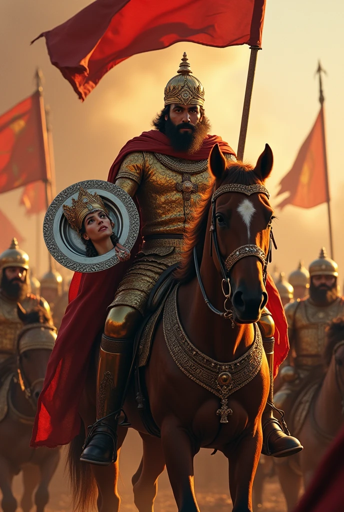 One of his soldiers brings the queen's severed head on a plate to the rajput king while king is sitting on a horse in the battlefield.