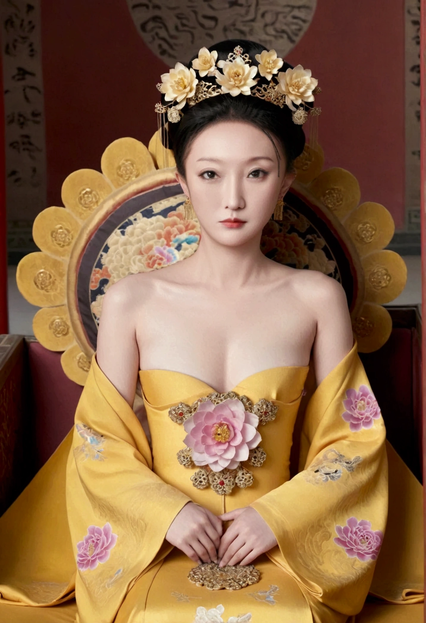 From the pre-Qing period, The Empress sits naked on a large golden sofa in the palace,  Her legs were spread, At the Chinese court during the Qing Dynasty, Empress of the Qing Dynasty, Wearing the great crown of the Chinese Empress, Belly and thighs visible from below.。She is completely naked, Showing off gorgeous large flowers and hairpins, She tied her hair up and pulled it up, 背景はEmpress of the Qing Dynastyの豪華な宮殿.