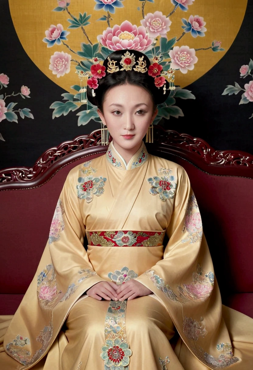 From the pre-Qing period, The Empress sits naked on a large golden sofa in the palace,  Her legs were spread, At the Chinese court during the Qing Dynasty, Empress of the Qing Dynasty, Wearing the great crown of the Chinese Empress, Belly and thighs visible from below.。She is completely naked, Showing off gorgeous large flowers and hairpins, She tied her hair up and pulled it up, 背景はEmpress of the Qing Dynastyの豪華な宮殿.