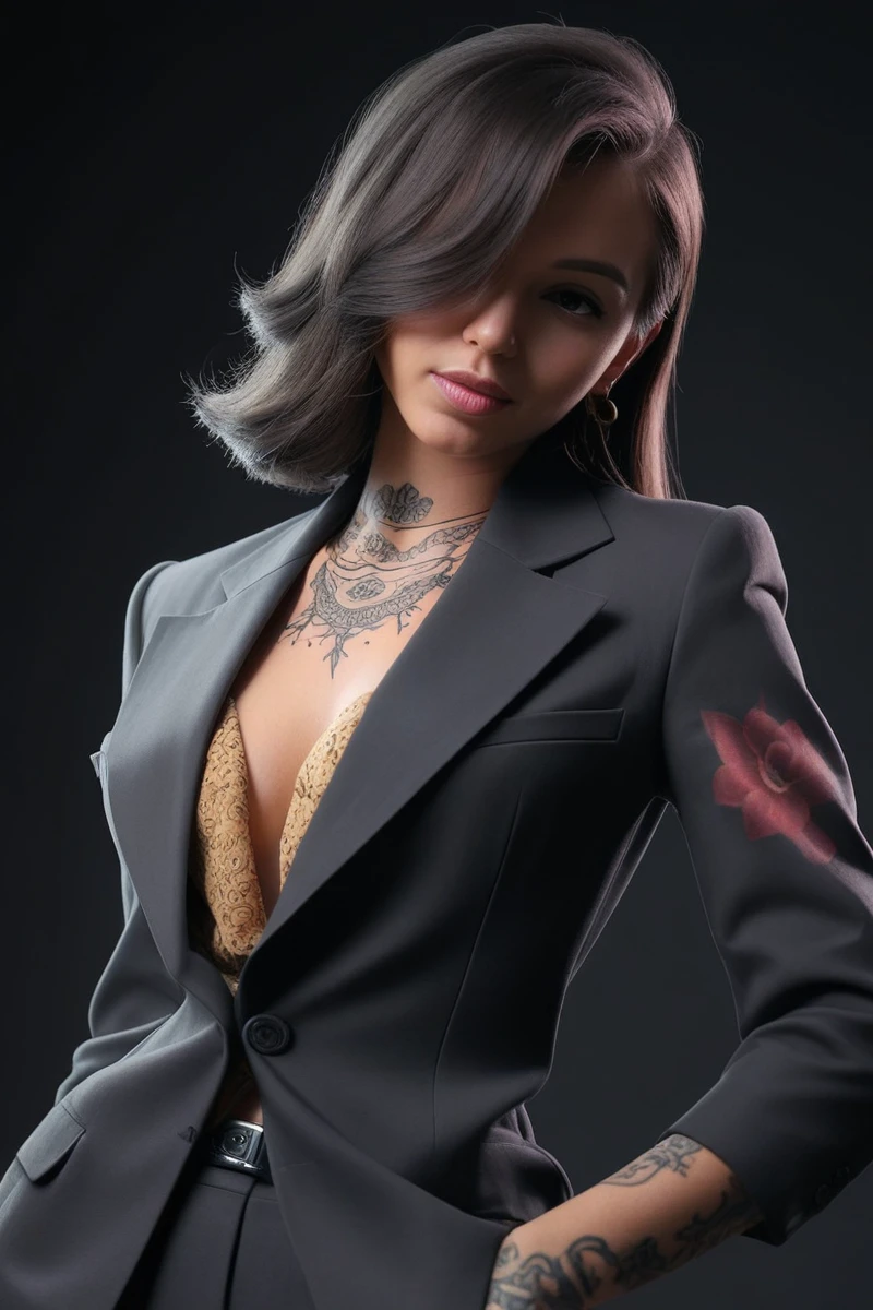 Close-up of tattoo on a woman's arm in a suit, Girl in suit, Girl in suit, 3d rendering character art 8k, Amazing character art, 8K high quality, detailed art, Hire a 3D artist, by Oliver Sin, Game CG, Cyberpunk 20. Model, Highly detailed characters, Iconic characters with attention to detail