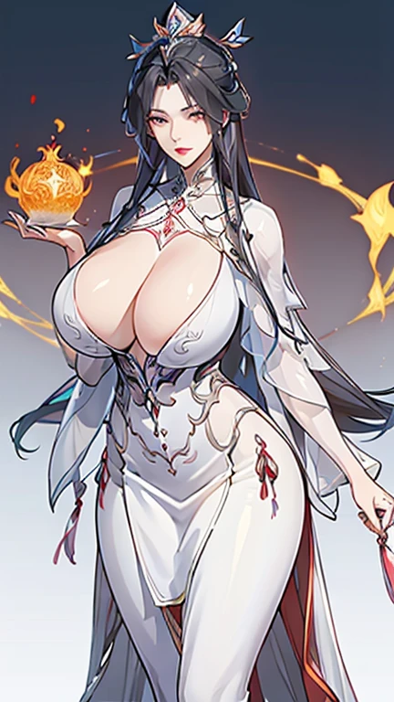 1 Woman, mature, High (1.85 cm), looks about 35 years old, has long black hair, straight and shiny, tied in the Chinese Taoist style, majestic black eyes, Extremely detailed eyes, perfect eyes, đôi mắt cực kỳ thực tế, balanced eyes, Long eyelashes, Anime style, perfect face, milf face, full red lips, mature, smooth white skin, natural body, sexy body, milf body, Perfect hands, detailed hands, arms in proportion to the body, đôi tay thực tế, arm with good anatomy, She was wearing only a red Chinese style dress decorated with gold and silver with phoenix motifs woven into the dress but still could not hide her extremely large and gigantic breasts., very big breasts, four hands can lift,breasts sag due to their size, thick thighs, wide hips, look at the viewer, The background is a Chinese-style pavilion., pose alone, look at the viewer.
