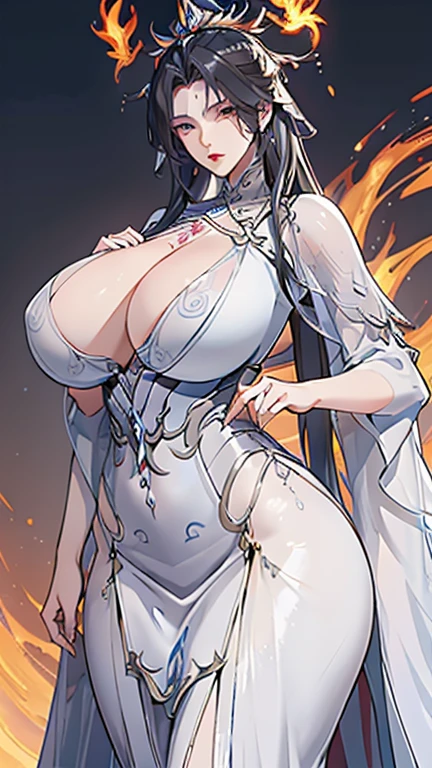 1 Woman, mature, High (1.85 cm), looks about 35 years old, has long black hair, straight and shiny, tied in the Chinese Taoist style, majestic black eyes, Extremely detailed eyes, perfect eyes, đôi mắt cực kỳ thực tế, balanced eyes, Long eyelashes, Anime style, perfect face, milf face, full red lips, mature, smooth white skin, natural body, sexy body, milf body, Perfect hands, detailed hands, arms in proportion to the body, đôi tay thực tế, arm with good anatomy, She was wearing only a red Chinese style dress decorated with gold and silver with phoenix motifs woven into the dress but still could not hide her extremely large and gigantic breasts., very big breasts, four hands can lift,breasts sag due to their size, thick thighs, wide hips, look at the viewer, The background is a Chinese-style pavilion., pose alone, look at the viewer.