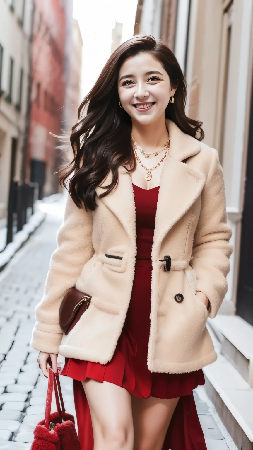 Woman walking slowly along cobblestone road in winter, beautiful eyes, detailed face, necklace, stone street, beige duffle coat with red long skirt, blurred background