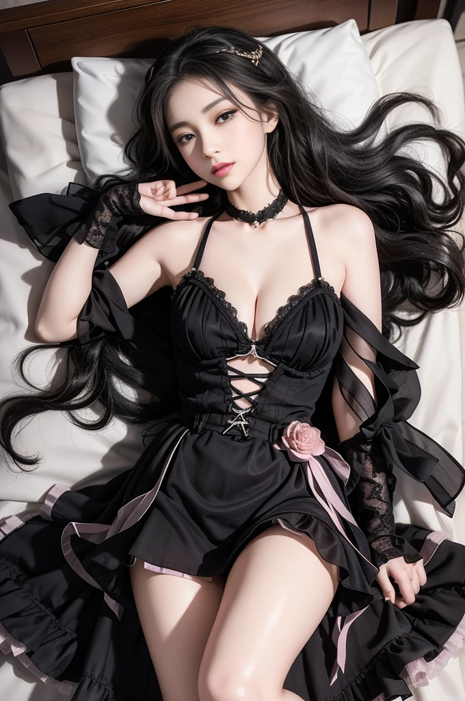 black_little_dress((Girl lying in bed))、A beautiful and moving woman, in an elegant pose, her full breasts on display.,Visible cleavage,Sexy long legs,Variety of slim and cute beauties, Her long hair cascades down her shoulders like a waterfall。She smiles radiantly,Eyes sparkle,Her skin is flawless。Her curves are highlighted。Sparkle in the light,The colors are soft,She lay confidently,One hand on hip,Her posture is both graceful and strong。She wears elegant high heels,Goes well with her outfit。In the warm golden sun。The overall atmosphere of the image is tranquil and uplifting,Emphasizing natural beauty and elegance, Studio Lighting,Bright colors, Sweet maiden, sweet smile, make up,shy,Blush,Parted lips,Heavy breathing,moan,Surrealism,Realism,Movie Lighting,Relief,Sony FE GM,Retina,masterpiece,precise,Anatomically correct,Textured Skin,Super Detail,High Detail,best quality,rich and colorful