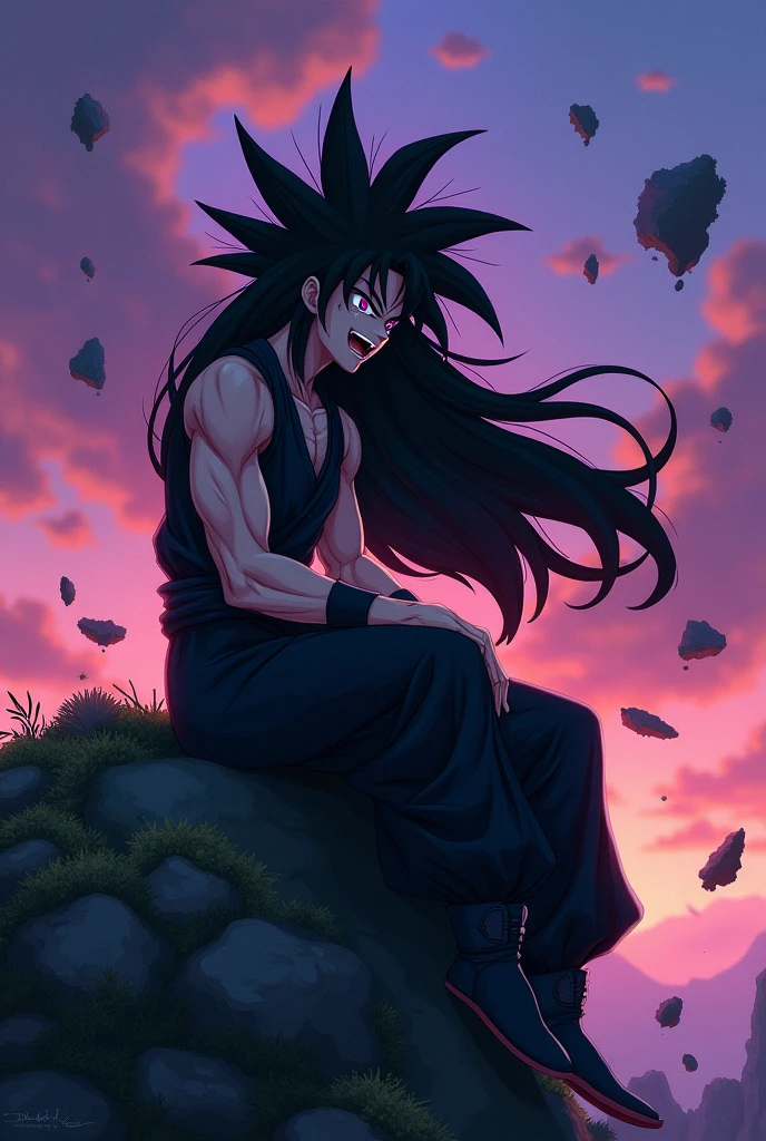 Create a Goku Black crying and laughing while sitting and looking here