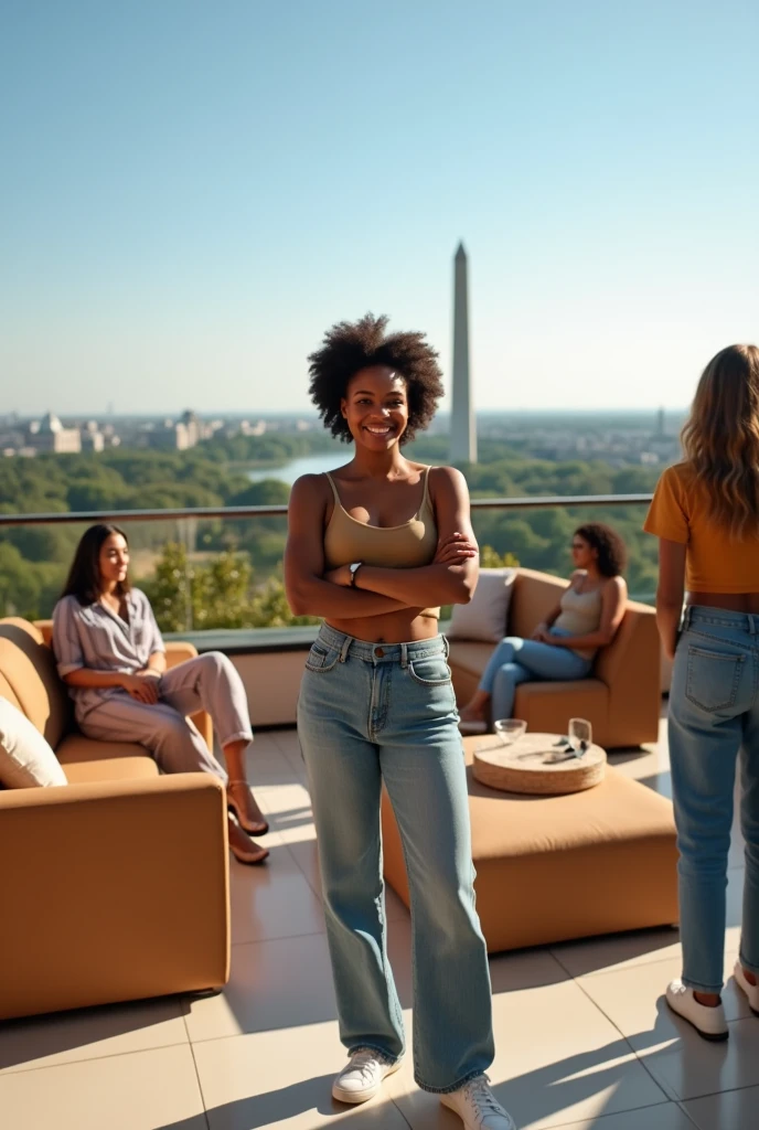 black girl and her white best friends, arms crossed, she is the leader, setting is a large luxury patio, tan furniture, natural lighting, view of Washington DC, futuristic, detailed, hd