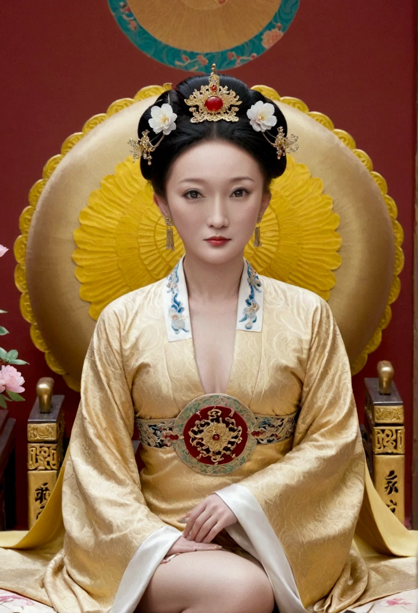 From the pre-Qing period, The Empress sits naked on a large golden sofa in the palace,  Her legs were spread, At the Chinese court during the Qing Dynasty, Empress of the Qing Dynasty, Wearing the great crown of the Chinese Empress, Belly and thighs visible from below.。She is completely naked, Showing off gorgeous large flowers and hairpins, She tied her hair up and pulled it up, 背景はEmpress of the Qing Dynastyの豪華な宮殿.