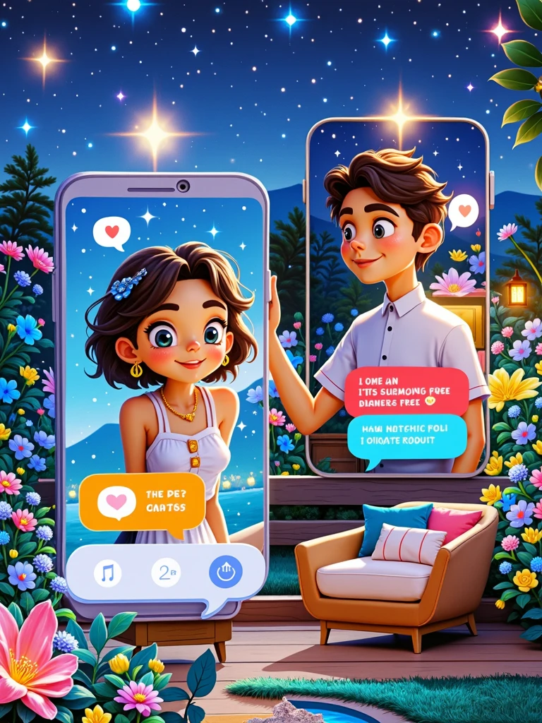 Picture of an animated couple,night,Starry sky,Bright stars,Female figure in a picturesque garden,Male figure in a cozy private room,Have lively chats via universal messaging apps。This picture should be lovely、Charming charm,Couples having a pleasant conversation in their respective locations。