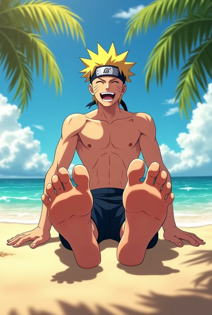 Animated image showing realistic HD texture style of Naruto Uzumaki barefoot showing sole of feet from below close to camera Sitting on beach smiling shirtless Realistic details of soles of feet 2 feet 5 toes on each foot Showing six pack Showing sole of foot Showing details of perfect feet Showing lighting on feet Showing realistic animated texture of sole of feet 


