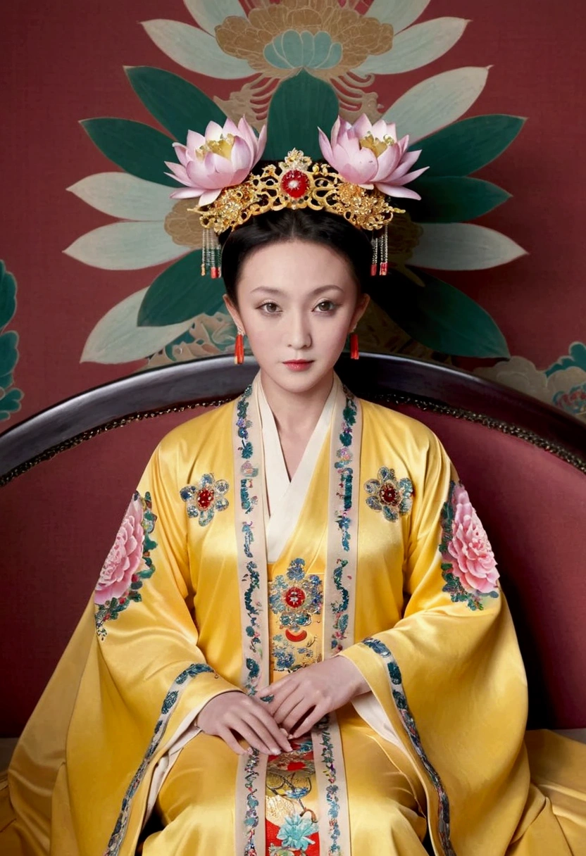 From the pre-Qing period, The Empress sits naked on a large golden sofa in the palace,  Her legs were spread, At the Chinese court during the Qing Dynasty, Empress of the Qing Dynasty, Wearing the great crown of the Chinese Empress, Belly and thighs visible from below.。She is completely naked, Showing off gorgeous large flowers and hairpins, She tied her hair up and pulled it up, 背景はEmpress of the Qing Dynastyの豪華な宮殿.