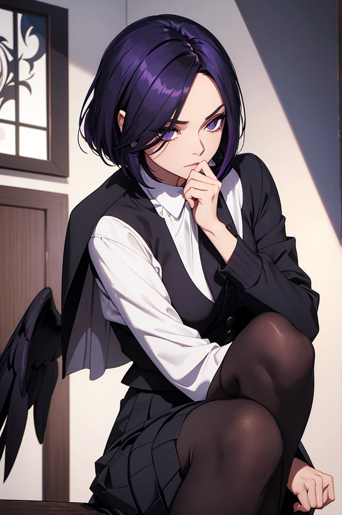 Create an image of Raven from DC Comics, depicted as a striking and mysterious girl with a distinct, gothic elegance. She has short, dark purple hair that falls just below her chin, perfectly framing her face and enhancing her enigmatic aura. Her deep violet eyes are meticulously detailed, filled with a sense of wisdom, power, and introspection that captures her complex and brooding personality. Raven is dressed in a classic "old money" outfit that exudes timeless sophistication with a touch of her unique, dark style. She wears a crisp, white blouse tucked into a pleated skirt that falls just above the knees, creating a polished and graceful appearance. Over the blouse, she dons a soft, luxurious sweater in a deep, muted color that complements her dark hair and pale complexion. The texture of the sweater is intricately rendered, adding depth and richness to her outfit. The look is completed with high socks that reach just below the knee, adding a preppy, classic vibe, and sleek, polished loafers that ground the ensemble with subtle charm. Raven sits confidently, her posture calm and composed, with one hand gently resting on her knee and the other delicately adjusting the hem of her skirt. Her expression is serene yet intense, with a subtle, knowing gaze directed at the viewer that conveys both her inner strength and quiet elegance. Every detail of her appearance, from the subtle shine of her short hair to the intricate texture of her outfit, is rendered with the highest level of precision and care. The image should be visually stunning and captured in 8K resolution, ensuring every feature is portrayed with flawless quality, resulting in a perfect and captivating representation of Raven in a sophisticated, classic outfit, reflecting her unique blend of mystique and grace.
