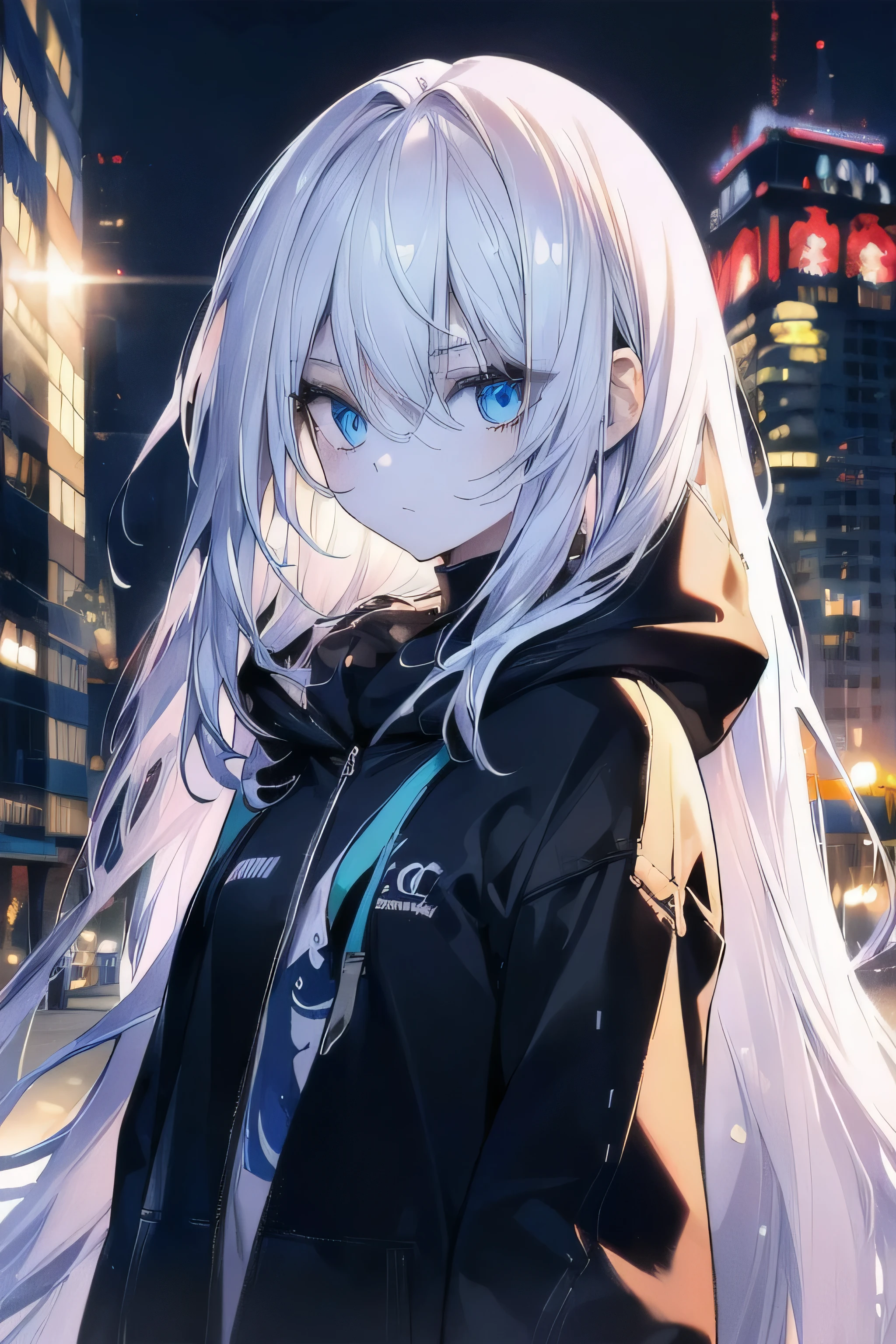 ((masterpiece)), ((best quality)), ((best illustration)), ((ultra-detailed)),((photorealistic color)), 1 lady, solo, ager, absurdly long hair, white hair, straight hair, ((blue eyes)), ((ultra detailed eyes)), ((ultra detailed face)), gloomy, hoodie, thin body, thin arms, long arms, urban,buildings, night, backlight