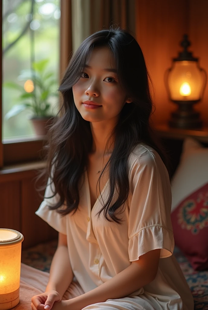 Cute 16-year-old Thai girl with black hair in a transparent nightgown, Sitting in her house . The audience looks at her body.