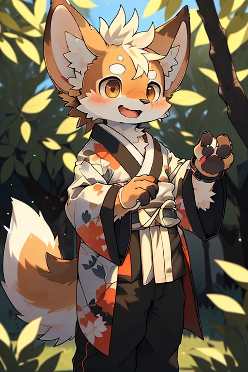 Depth of Field, Perfect lighting, Light Particles,(best quality),(masterpiece),(ultra deTailed),Clear focus,Light Particles,  Negi, Eyegod,  blush, Brown_Eye, Watch_exist_audience, Smile, Solitary, hairy, animal_ear_Streaks, Open_clothing, 双臂放exist背后, Upper Body, Tail, kimono, japanese clothing, Sunlight, Tree, Open mouth,  From below, 双臂放exist背后,