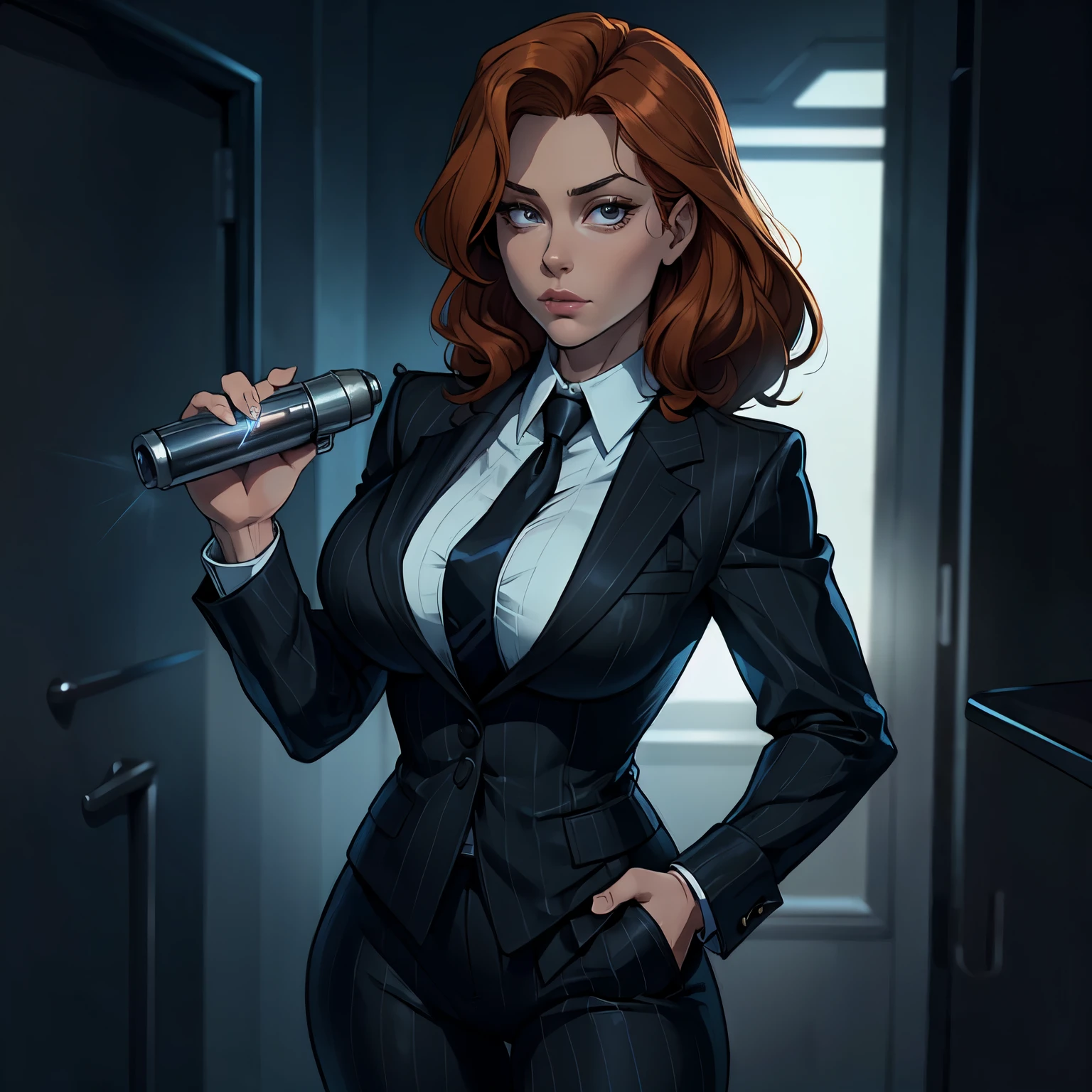 FBI agent Dana Scully from "The X-Files." 90's, black pinstripe suit. Shining a flashlight into the darkness