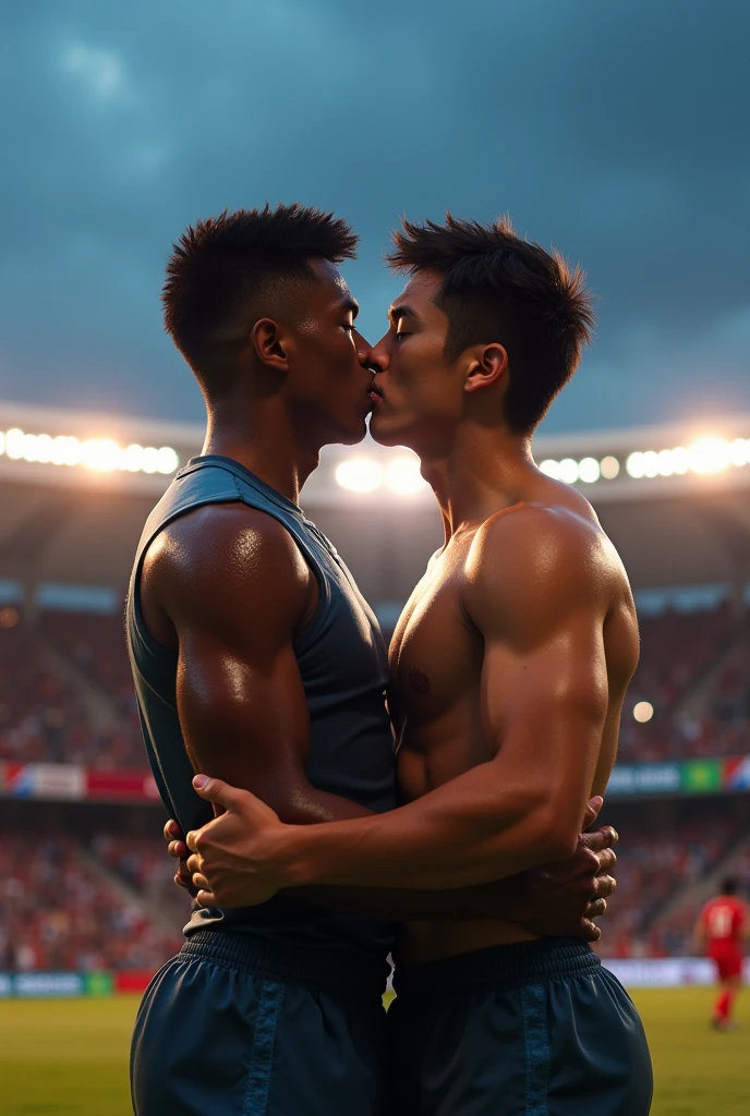 Young Japanese rugby player A and Japanese rugby player B。A has a buzz cut and dark skin、Muscular and sweaty body。Wearing sleeveless rugby uniforms。B is a short-haired, muscular man with a bare upper body.。A and B kissed after a rugby match.、Hug each other tightly。First Person View, 