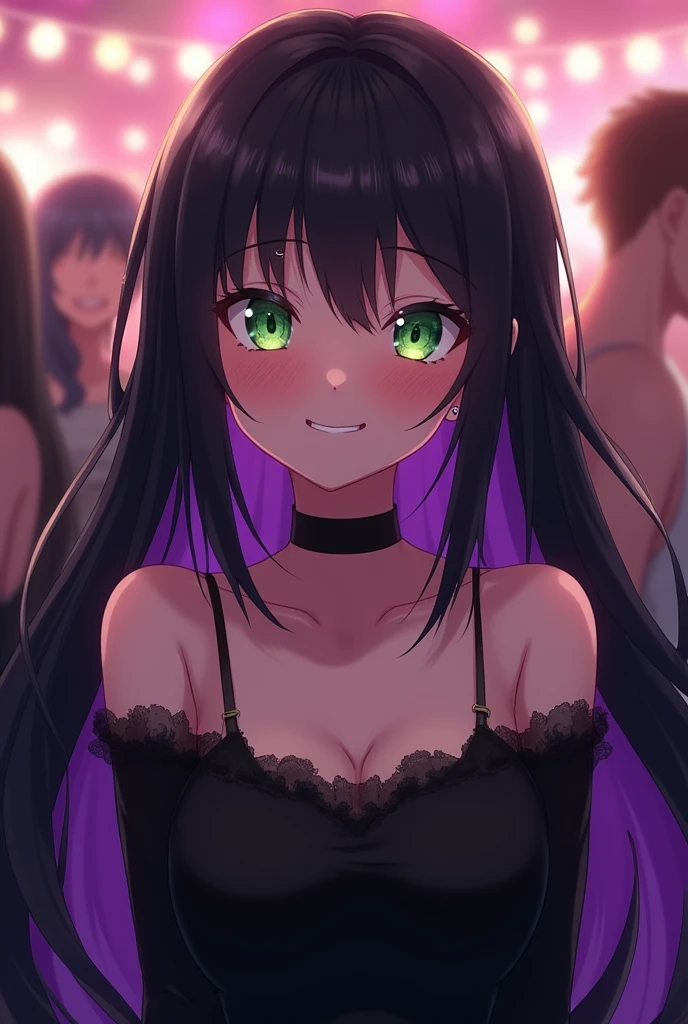 Long black hair with purple inner layer and a black choker around her neck。Wearing a black dress with bare shoulders and long sleeves that hide the hands Piercings under the mouth and in both ears Anime character with green eyes Anime style Blushing Looking at the viewer Drunk