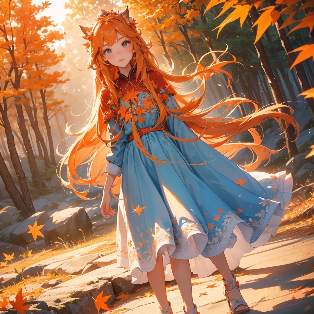 A beautiful girl with long hair, Wear a blue fluffy princess dress in the winter. Walking in a mountain that turns orange-red in spring, with the sun shining on her face, close up.
The backdrop is a mountain that turns orange-red in spring, and maple leaves fall from the trees.