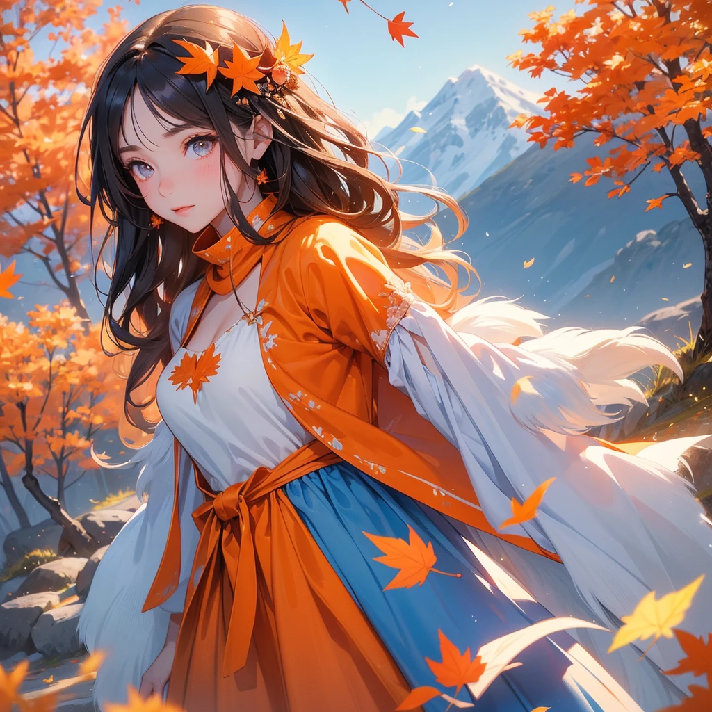 A beautiful girl with long hair, Wear a blue fluffy princess dress in the winter. Walking in a mountain that turns orange-red in spring, with the sun shining on her face, close up.
The backdrop is a mountain that turns orange-red in spring, and maple leaves fall from the trees.
