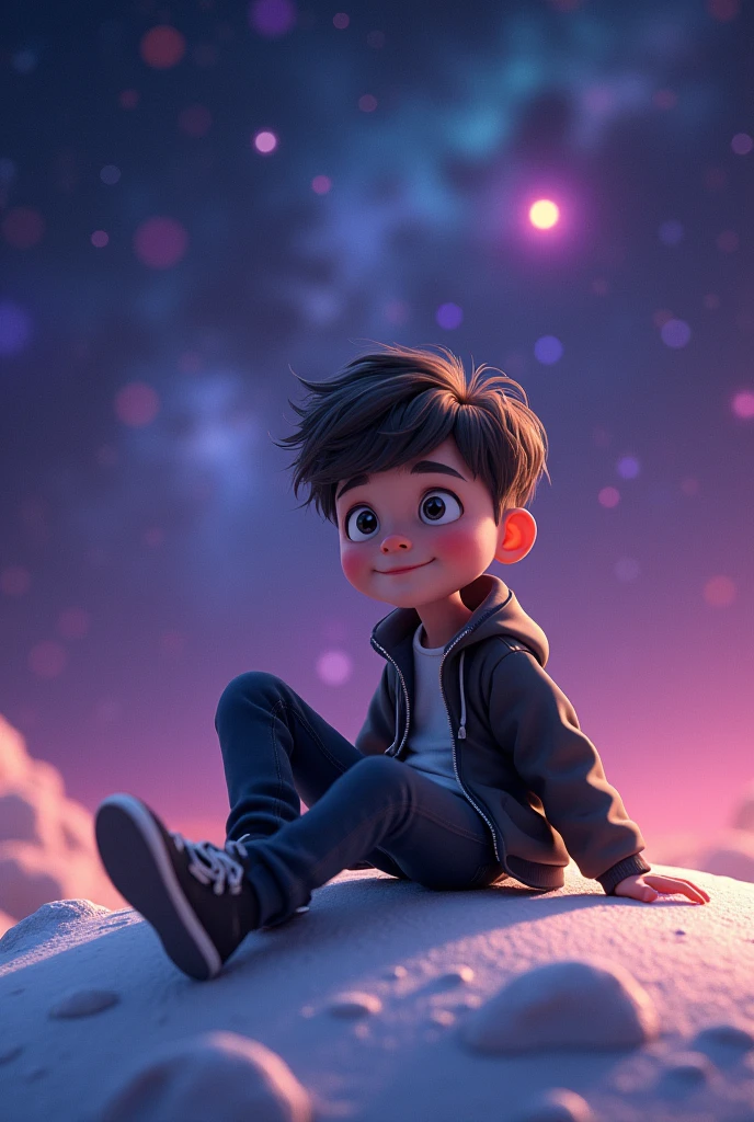 "Create a 3D illustration of an animated handsome boy sitting casually on top of the "MOON". The character must wear a black and white Jacket. The background of the character is Galaxy