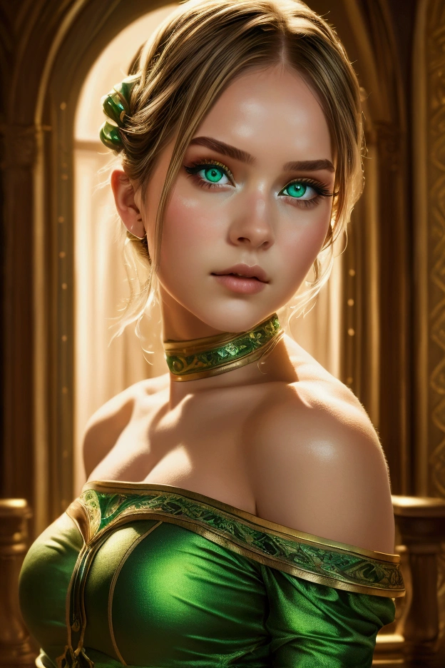 Best Quality, masterpiece, ultra high resolution, (reality: 1.4), Photo original, 1 girl, green eyes, off the shoulders, cinematic lighting