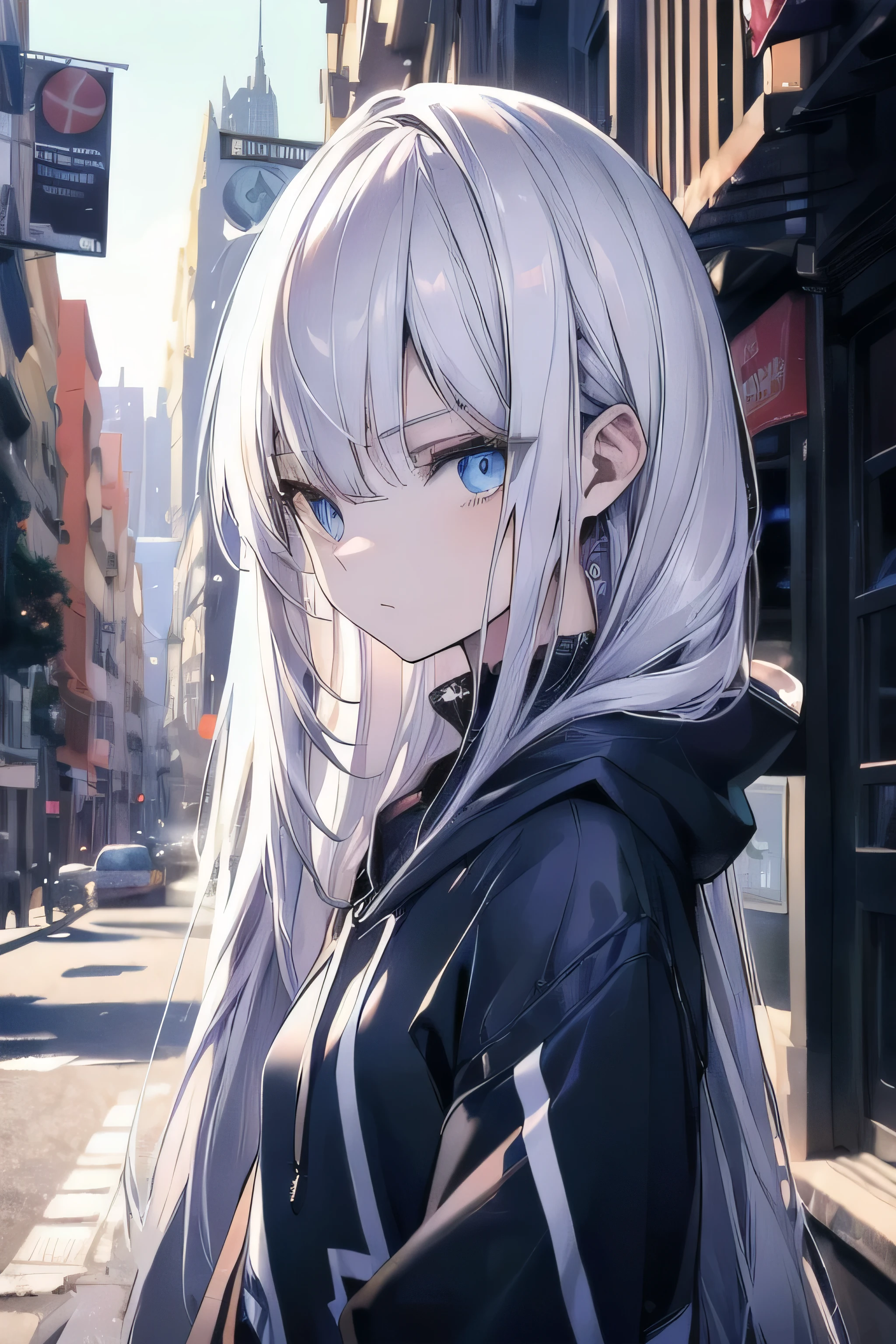 ((masterpiece)), ((best quality)), ((best illustration)), ((ultra-detailed)),((photorealistic color)), 1 lady, solo, teenager, absurdly long hair, white hair, straight hair, ((blue eyes)), ((ultra detailed eyes)), ((ultra detailed face)), gloomy, hoodie, thin body, thin arms, long arms, urban,buildings,noon,alley