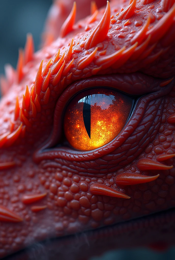 a close up anime comic picture of a red dragon eye, you see the night sky and endless stars, nebula, in the irises, some smoke and fire from the dragon, infinite sky and stars 