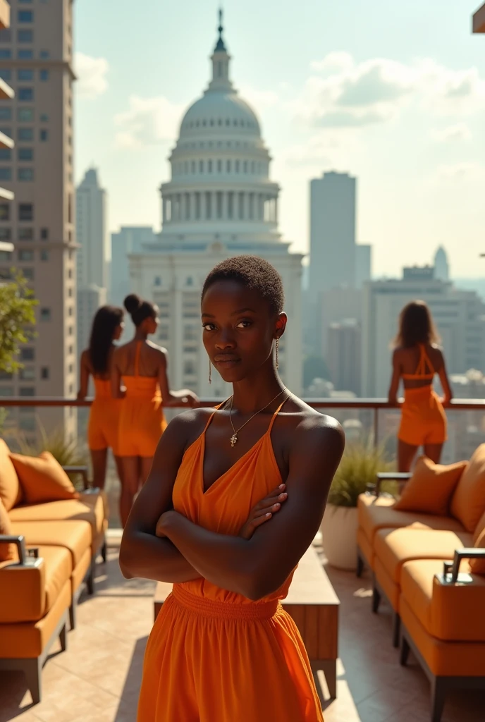black girl and her white best friends, arms crossed, she is the leader, setting is a large luxury patio, tan furniture, natural lighting, view of Washington DC, futuristic, detailed, hd, wearing gucci